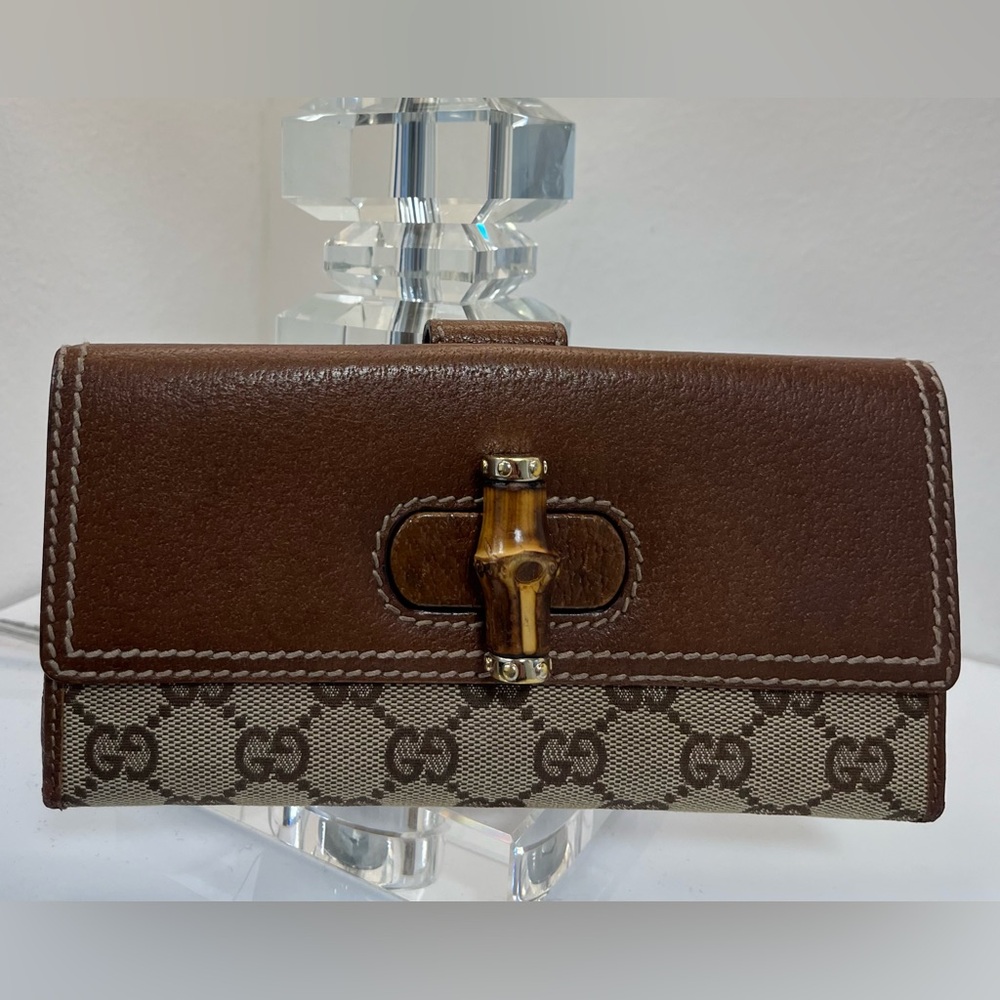 GUCCI Leather Long Continental Wallet, GG Canvas Bambo Interlocking Turnlock EUC - Picture 14 of 15